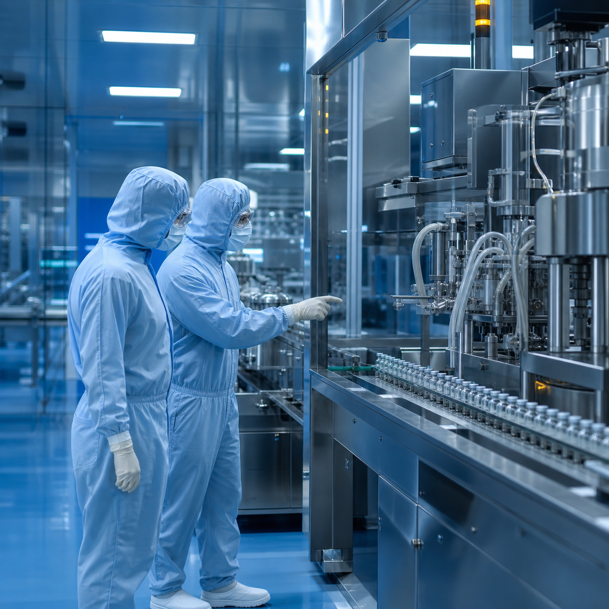 潔淨藥品製造環境中,品質人員檢查自動化生產設備